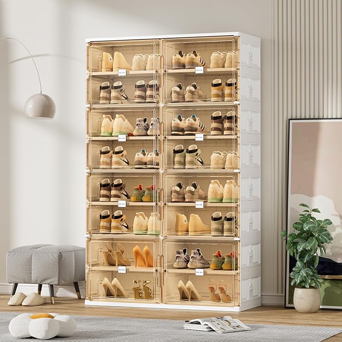 JEKO&JEKO 8 Tiers Foldable Shoe Rack Organizer Cabinet for Closet Entryway, Large Collapsible Shoe Storage Box with Magnetic Doors Fits Up to 32 Pairs (White)-NeatNest