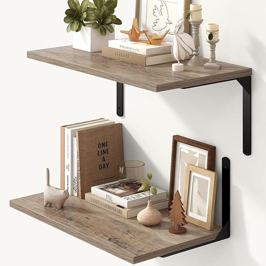 Fun Memories Floating Shelves for Wall, 12 Inch Deep Floating Shelves Set of 2, Wall Mounted Shelf with Metal Brackets, Rustic Wood Wide Shelf for Bathroom, Kitchen and Living Room, Grey, 24W x 12D-NeatNest
