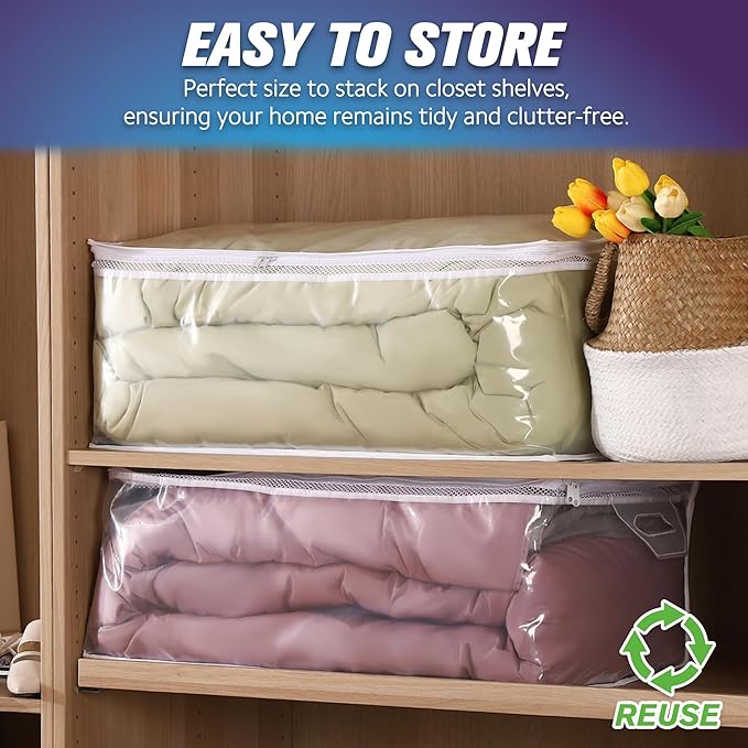 HIBAG 20 Gallon Large Storage Bag for Clothes, Zipper Clothing Storage Bag, Clear Organizer with Reinforced Handles, for Comforters Blankets Pillows Bedding (1 Pack)-NeatNest