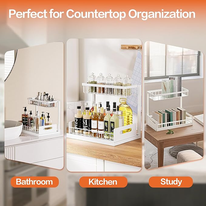 VUSIGN Under Sink Organizer, 2 Tier Pull Out Bathroom Cabinet Organizer, Under Kitchen Sink Organizers and Storage, Under Sink Shelf,2 Pack, White-NeatNest