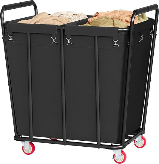 Hoctieon 2 Section Laundry Sorter Cart, 400L Rolling Hamper with Wheels, Industrial Laundry Basket Organizer, Extra Large Dirty Clothes Hamper for Home & Hotel, Heavy Duty, Black-NeatNest