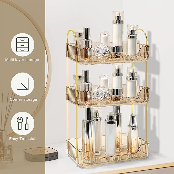 Bathroom Counter Organizer Countertop Storage Skincare Countertop Makeup Organizer Cosmetics Skincare Organizers Holder for Perfume-Amber-Golden Pole-3 Tier-NeatNest