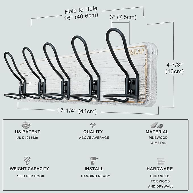 Dseap Coat Rack Wall Mounted - Heavy Duty Farmhouse Rustic Wall Coat Hanger With 5 Wire Hooks for Clothes Hat Jacket Towel, RusticWire, G25A, Whitewash & Black-NeatNest