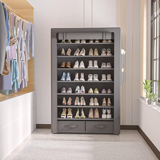 Shoe Rack Storage Cabinet 32 Pairs Organizer Shelf Tall for Shoes Large Free Standing Racks Vertical Shoe Holder Stand with Cover Two Boxes Closet-NeatNest