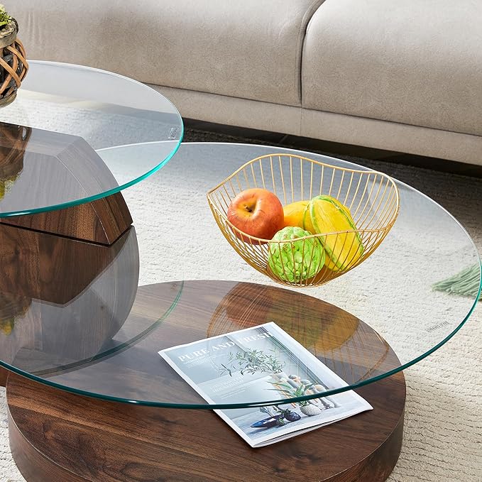 Glass Coffee Tables for Living Room Round Coffee Tables Modern Double Layer Round Table Circle Coffee Table for Small Space Home Office (42 Inch Dark Brown)