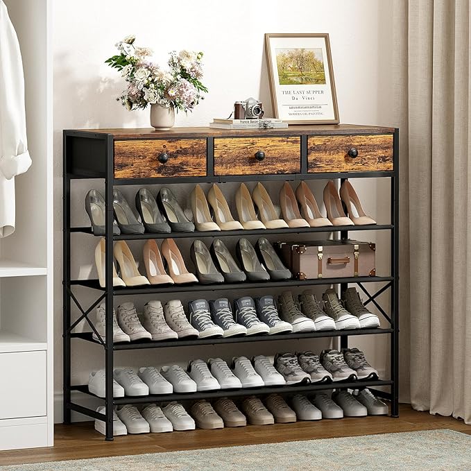 Shoe Rack, 5 Tier Shoe Organizer with 3 Drawers, Metal Shoe Storage for 24-30 Pairs of Shoes with Fabric Shelves and Wooden Top, Narrow Shoe Shelf for Closet Entryway Rustic Brown-NeatNest