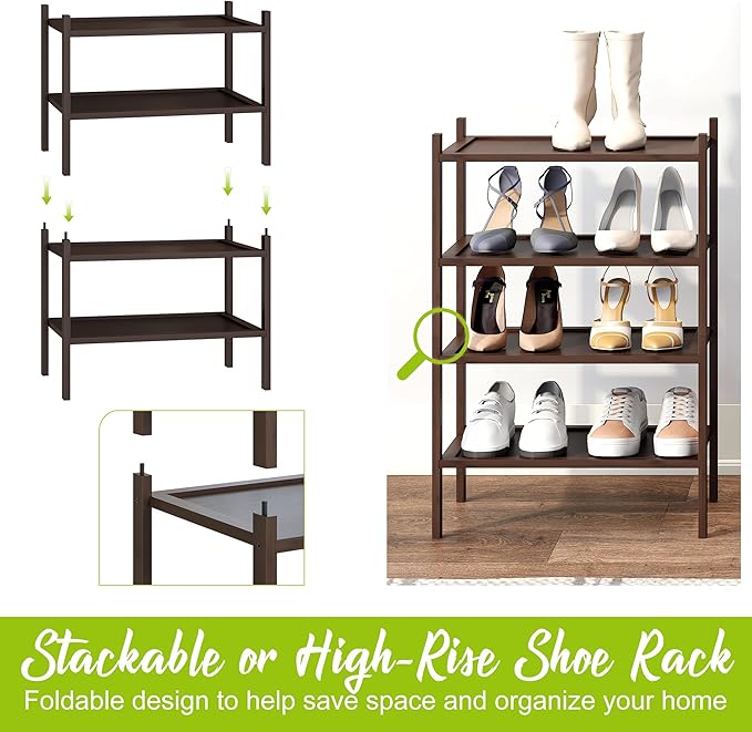 BMOSU 2-Tier Bamboo Small Shoe Rack Premium Stackable Shoe Shelf Storage Organizer for Hallway Closet Living Room Entryway Organizer(Brown)-NeatNest