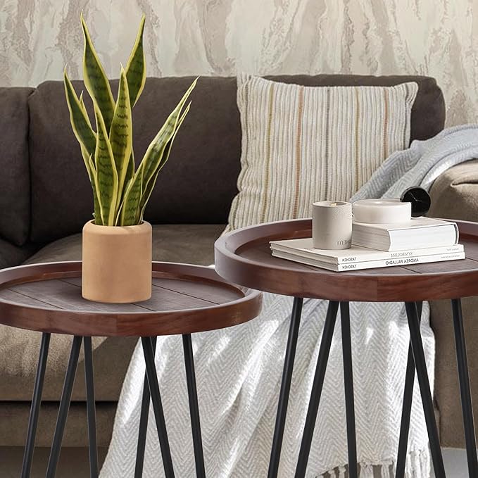 Oakrain Walnut Nesting Tables, Set of 2 - Small Round Farmhouse End Tables, Coffee Table, Hallyway
