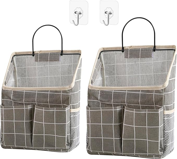 2pcs Wall Hanging Storage Bag,Wall Hanging Organizer Bags with Pockets, Wall Organizer Storage for Dormitory Bathroom Bedroom Kitchen(Grey Grid)-NeatNest