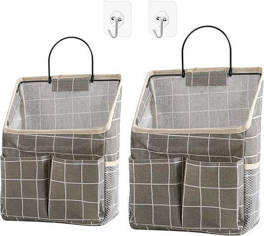 2pcs Wall Hanging Storage Bag,Wall Hanging Organizer Bags with Pockets, Wall Organizer Storage for Dormitory Bathroom Bedroom Kitchen(Grey Grid)-NeatNest