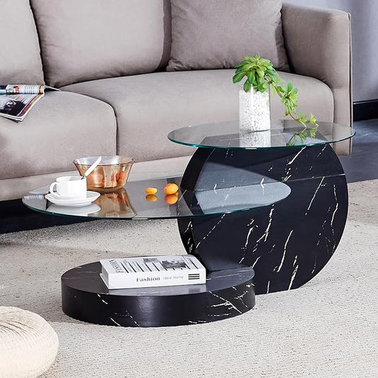 Glass Coffee Tables for Living Room Round Coffee Tables Modern Double Layer Round Table Circle Coffee Table for Small Space Home Office (35.4 Inch Black)