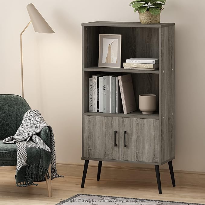 Furinno Claude Mid Century Style Accent Wooden Leg Bookcase Cabinet with Storage Organizer Shelves, French Oak Grey