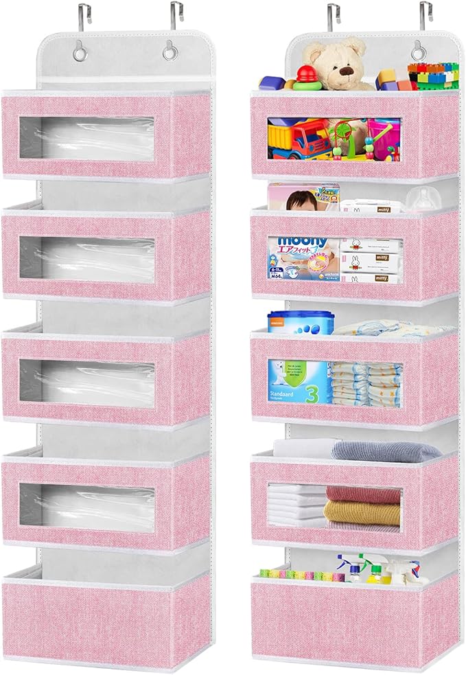 homyfort Over the Door Organizer, Hanging Baby Diaper Organizer for Nursery, Pink Wall Storage Organizer with 5 Large Pockets for Girls Room,Pantry,Dorm,Bathroom,Closet-NeatNest