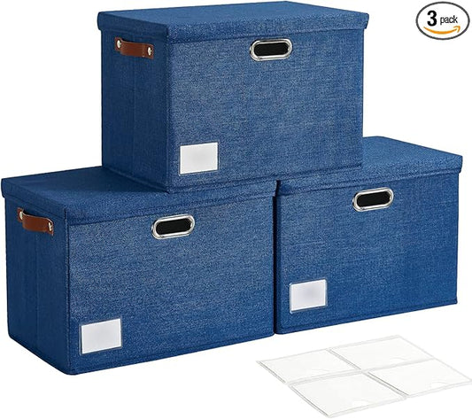 17" Large Collapsible Storage Bins with Lids, Stackable Closet Organizers with PU Handle and Labels, 3-Pack Decorative Fabric Storage Boxes for Home, Bedroom, Closet, Office, Nursery(Navy)-NeatNest