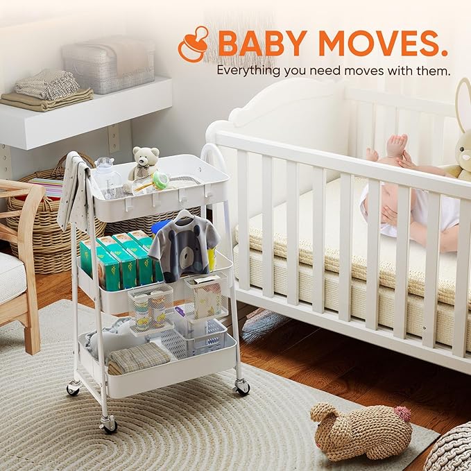 Sekey 3 Tier Rolling Cart Metal, Easy Install Utility Cart on Wheels, Hanging Cups & Hooks, Heavy Duty Storage Cart with Lockable Wheels for Baby Nursery, Bathroom, Kitchen, Laundry Room, White
