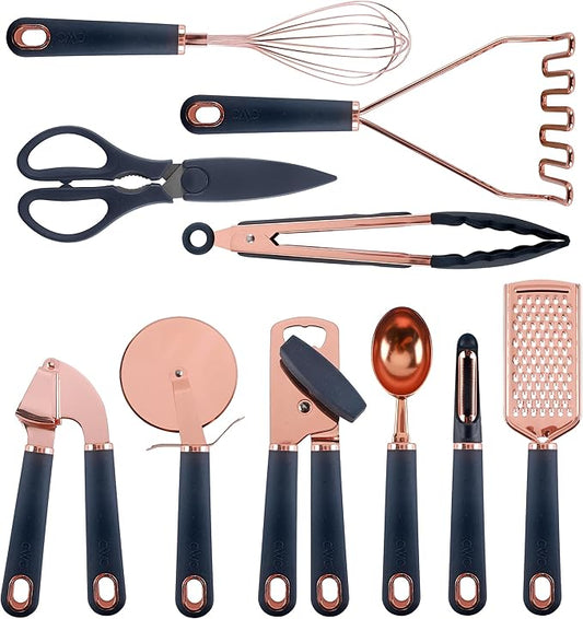 COOK WITH COLOR Kitchen Gadget Set Copper Plated Stainless Steel Utensils with Soft Touch Handles, Copper Navy, 10 Pieces-NeatNest