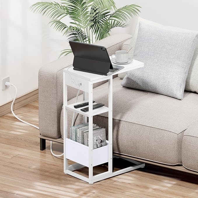 C Shaped End Table with Charging Station, Small Side Table for Couch Recliner, Slide Under Sofa Desk Snack Tables with Storage Bag & AC / USB Outlet, Small Spaces Drink Tables for Living Room, Bedroom