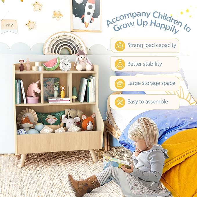 Curipeer Kids Bookshelf and Toy Storage, 3-Tier Wooden Bookcase, Baby Book and Toy Storage Display Organizer with Spacious Top Shelf for Children, Friends, Family, Natural Wood Color-NeatNest