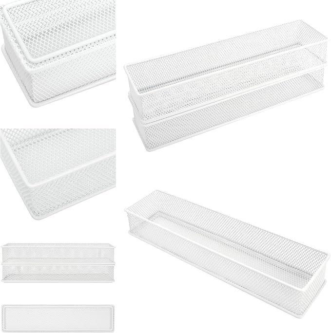 Annova Mesh Stackable Drawer Cabinet and Shelf Organizer Bins Storage Basket School Office Supply Holder Tray- Set of 2 (White, 3x12x2 Inch)-NeatNest