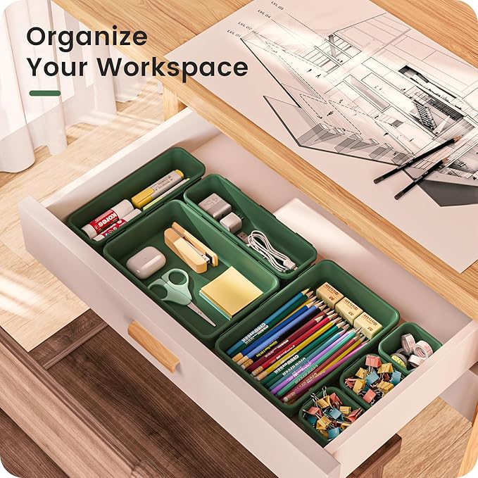 A-LuGei 22Pcs Army Green Minimalist Plastic Drawer Organizer, Storage Bins for Vanity, Bathroom, Kitchen, Office, Craft Room-NeatNest