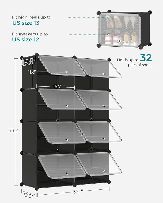 SONGMICS Shoe Rack Organizer, 8-Tier Shoe Storage Cabinet for Closet and Entryway, Holds 32 Pairs of Shoes, Adjustable, Black ULPC034B01-NeatNest