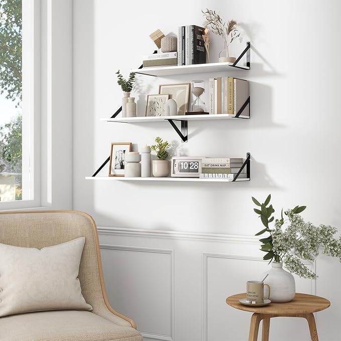 Fun Memories Deep Floating Shelves for Wall, 24W x 8D Wall Mounted Shelves Set of 2, Wide Display Ledge Shelf with Sturdy Metal Brackets for Living Room, Bathroom, Bedroom and Kitchen, White-NeatNest