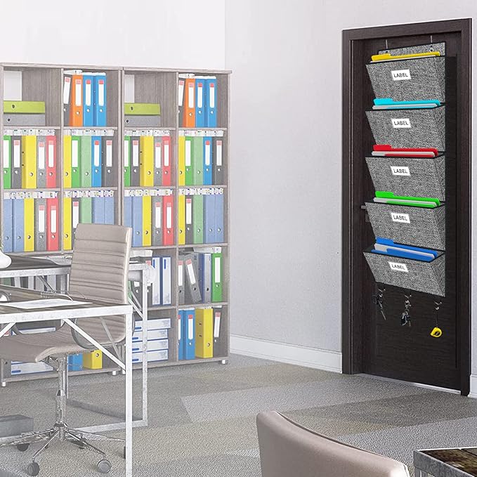 Homyfort Over the Door File Organizer, Hanging Wall File Folders with 5 Large Pockets for Papers, Charts, Mails, Magazine, Office and Back To Supplies Storage and Organization (Black)-NeatNest