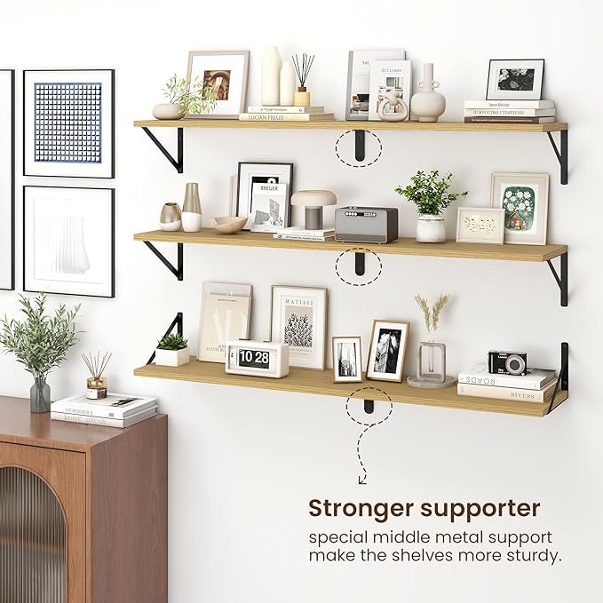 Fun Memories Deep Floating Shelves for Wall, 48W x 8D Wall Mounted Shelves Set of 2, Wide Display Ledge Shelf with Sturdy Metal Brackets for Living Room, Bathroom, Bedroom and Kitchen, Oak-NeatNest