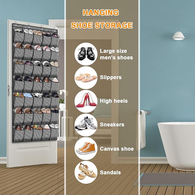 35 Pockets Over the Door Shoe Organizer, Hanging Door Shoe Rack for Closet, Large Shoe Storage Holder Zapateras Organizer for Shoes (Black)-NeatNest