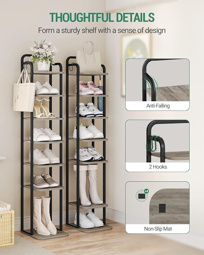 8 Tiers Vertical Shoe Rack, Narrow Shoe Tower, Tall Shoes Shelf with 2 Hooks, Adjustable Shelves, Corner Shoes Shelves for Small Spaces, Entryway, Living Room, Greige SR04305B-NeatNest