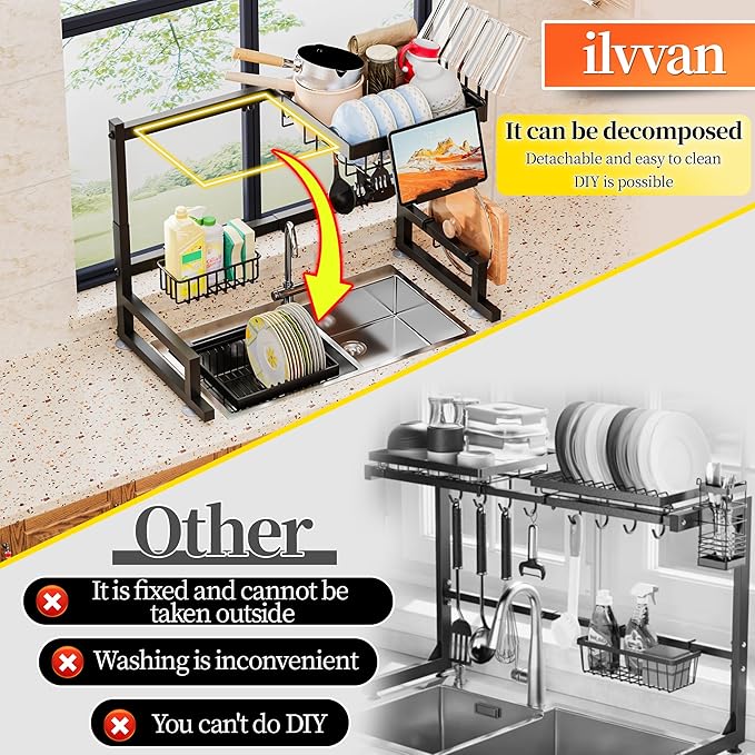 Over Sink Dish Drying Rack (Expandable Height/Length) Snap-On Design Large Dish Drainer Storage Counter Organizer 24" - 35.5"(L) x 12"(W) x 19" - 22"(H)