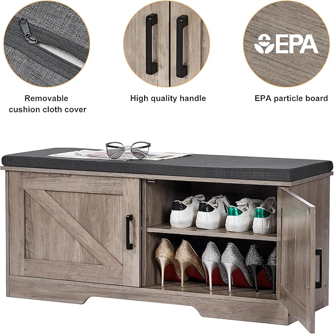 2-Tier Storage Bench, Shoe Bench with Padded Seat Cushion, Entryway Bench with 2 Barn Doors, Adjustable Shelf, 13.8" D x 39.4" W x 17.7" H, for Entryway, Living Room, Bedroom, Greige-NeatNest