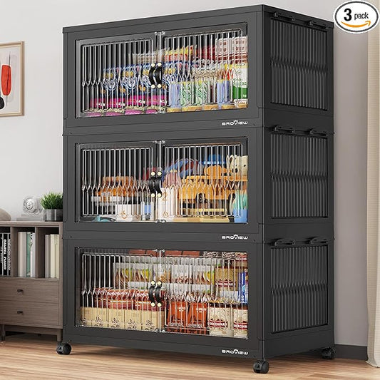 600Qt Extra Large Stackable Storage Bins with Lid, Closet Organizer Collapsible Drawer Boxes with Wheels, Folding Plastic Cabinet Containers for Home Kitchen Room Organization, 3Pack Black