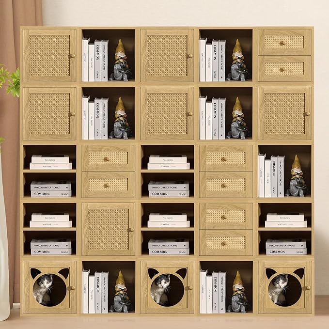 Magic DIY Cube Storage Organizer Stackable Cubes for Home Books Clothes Toy -Modular Cubby Storage System -Closet Organizer -Bookcase Closet(Yellow Oak,Cat Door Cube)-NeatNest