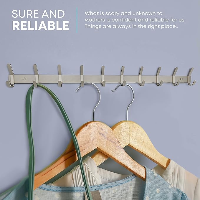 Coat Rack Wall Mount – Brushed Nickel 30 Inch Stainless Steel Hook Rail with 10 Heavy Duty Double Coat Hooks – Wall Mounted Coat Hanger for Entryway, Bathroom, Bedroom, Towel, Hat Organizer-NeatNest