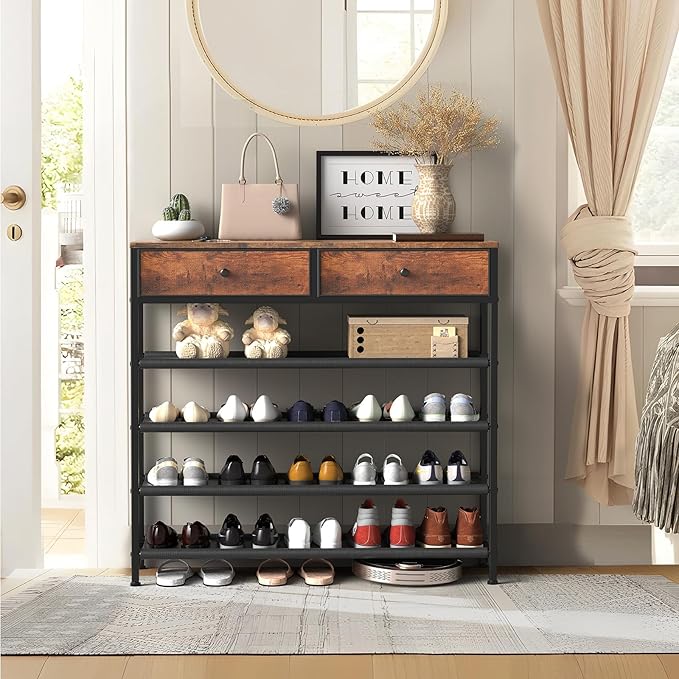 usikey Shoe Rack, 5 Tier Shoe Storage Organizer with 2 Drawers, Metal Shoe Shelf for 16-20 Pairs of Shoes, with 4 Fabric Shelves and Wooden Top, Shoe Stand for Closet Entryway, Rustic Brown-NeatNest