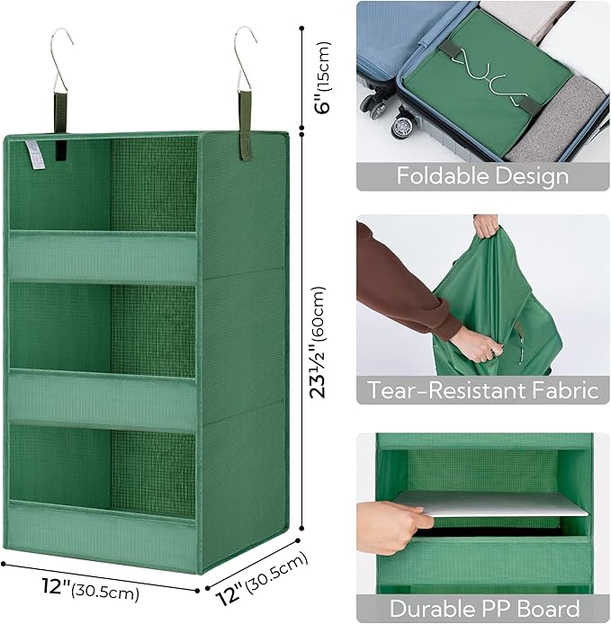 GRANNY SAYS 3-Shelf Closet Organizers and Storage, Foldable Hanging Closet Organizer, Hanging Closet Shelves with 2 Metal Hooks, Leak-Proof Closet Storage for Sweater, Clothes Organizer, Dark Green-NeatNest