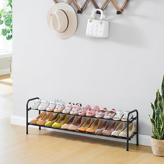 2 Tier Shoe Rack, Shoe Organizer for Closet, 28“ Metal Shelf Can Expandable to 42“, for Bedroom, Entryway, Closet, Garage, Adjustable to 12 Pairs Shoes, Black-NeatNest