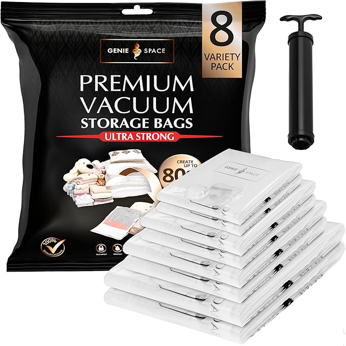 GENIE SPACE Vacuum Storage Bags - Variety Pack of 8 | 2 Extra Large + 2 Large + 2 Medium + 2 Small | Premium Strong, Airtight & Reusable Space Saving Bags for Clothes & Bedding | includes Travel Pump-NeatNest