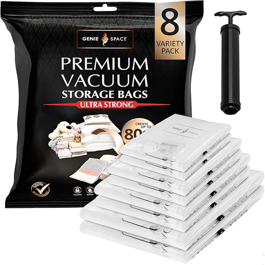 GENIE SPACE Vacuum Storage Bags - Variety Pack of 8 | 2 Extra Large + 2 Large + 2 Medium + 2 Small | Premium Strong, Airtight & Reusable Space Saving Bags for Clothes & Bedding | includes Travel Pump-NeatNest