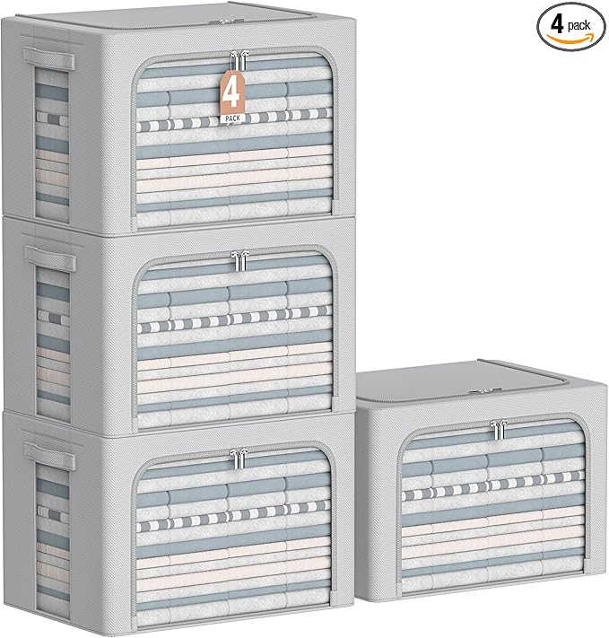 4 Pack Clothes Storage Bins - Oxford Fabric Metal Frame Storage Box - Foldable Stackable Container Organizer Set with Clear Window & Carry Handles & Zippers (Grey, 23.6"x19.7"x15.7")-NeatNest