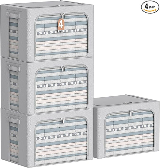 4 Pack Clothes Storage Bins - Oxford Fabric Metal Frame Storage Box - Foldable Stackable Container Organizer Set with Clear Window & Carry Handles & Zippers (Grey, 23.6"x19.7"x15.7")-NeatNest