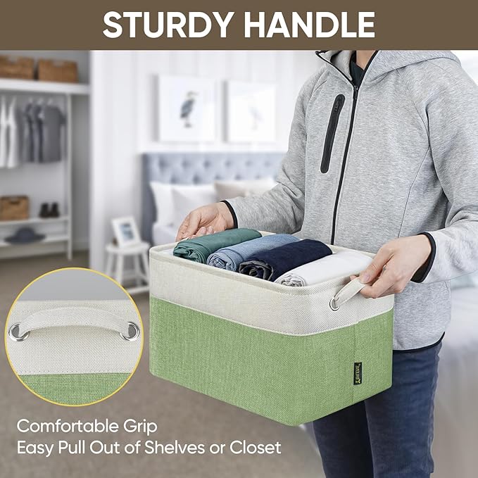 BALEINE 1 Pack Fabric Storage Bins for Shelves, Linen Storage Baskets for Organizing, Decorative Closet Bins for Clothes, Home (Green, 15''x11''x9.5'')-NeatNest