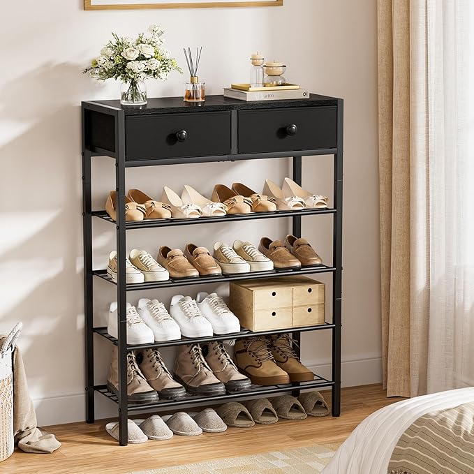 Shoe Rack for Entryway, 5 Tier Shoe Organizer with 2 Non-Woven Drawers, Metal Storage Shoe Shelf for 16-20 Pairs of Shoes, with Wooden Top and Steel Frame, Shoe Stand for Closet Charcoal-NeatNest