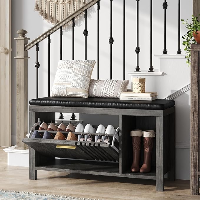 40" Shoe Storage Bench with Flip Drawers & Padded Seat Cushion, Adjustable Shelf, Slatted Doors Entryway Bench Shoe Cabinet with Bench for Entryway Living Room Bedroom, Oak Grey