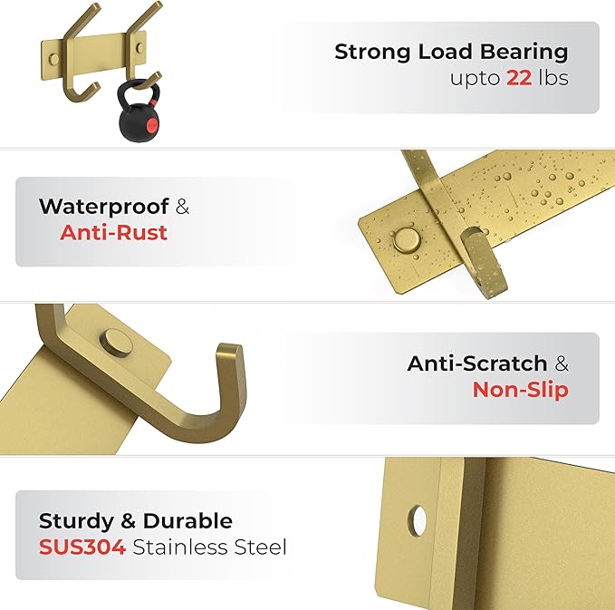 Brushed Gold Small Coat Rack Wall Mount – 6 Inch Stainless Steel Rail with 2 Double Coat Hooks for Entryway, Bathroom, Bedroom, Kitchen – Modern Gold Hook Rack for Coats, Hats, Towels - 2 Pack-NeatNest