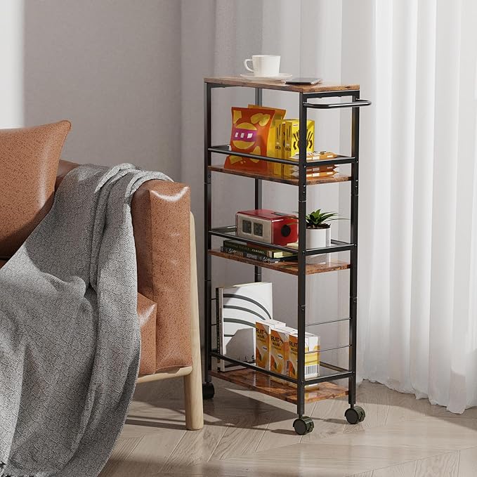Slim Rolling Cart, 4-Tier Kitchen Storage Rolling Cart, Narrow Cart with Handle,Mobile Utility Cart for small Space, Shelving Unit for Kitchen,Dining Room,Living Room,Home Office,Laundry Room