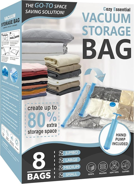 8 Pack Vacuum Storage Bags, Space Saver Bags (2 Jumbo/2 Large/2 Medium/2 Small) Compression Storage Bags for Comforters and Blankets, Vacuum Sealer Bags for Clothes Storage, Hand Pump Included-NeatNest