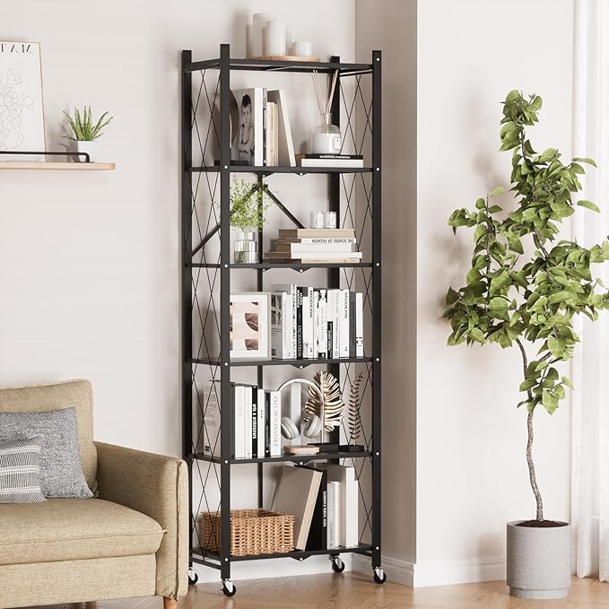 ALANNG 73.6 Inch Folding Bookshelf, 6 Tier Metal Bookcase and Bookshelves, Tall Shelves for Living Room Office Bedroom, Heavy Duty Book Shelve Free Standing Open (Black, 1PACK)