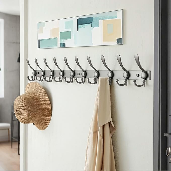 Dseap MaxStrong 2.0 Coat Rack Wall - 37” Long 10 Tri Hooks - Ultra Heavy-Duty Stainless Steel Wall Mount Coat Hanger, Hook Rail for Clothes Hats Jacket Towels Grey, Pack of 2